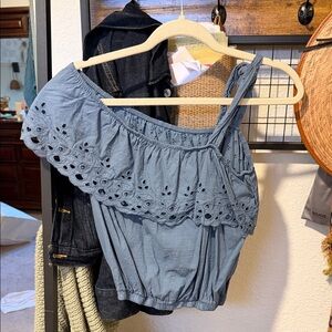 Elegant Blue Eyelet One-Shoulder Crop Top